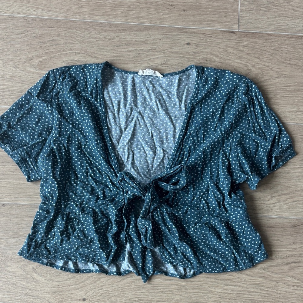 La Hearts Teal Polka Dot Tie-Front Crop Top